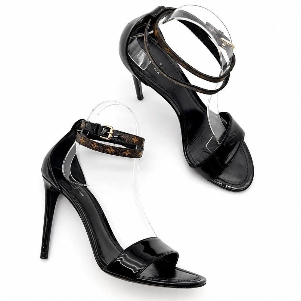 LOUIS VUITTON Fluer Call Back Black Sandal Heels Size 39 Logo Leather Monogram - Picture 12 of 13